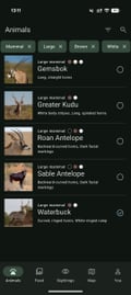 Bushwak filtered animal results screen