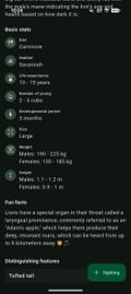 Bushwak lion basic stats screen with species measurements and facts