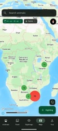 Bushwak sightings map screen showing wildlife sighting locations
