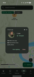 Bushwak navigation screen showing nearby wildlife sightings