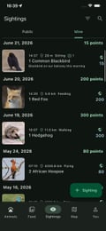 Bushwak personal sightings list screen with points